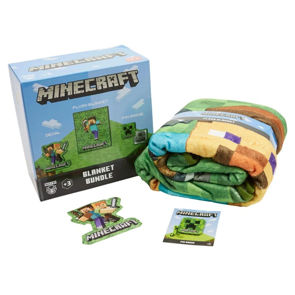 Minecraft Fleece Steve Throw Blanket with Lanyard and Pin Box Set (New in Box)